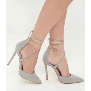 Lulus Michele Lace Up Heels Size 8 Grey Vegan Suede Pointy Stiletto Pumps Shoes
